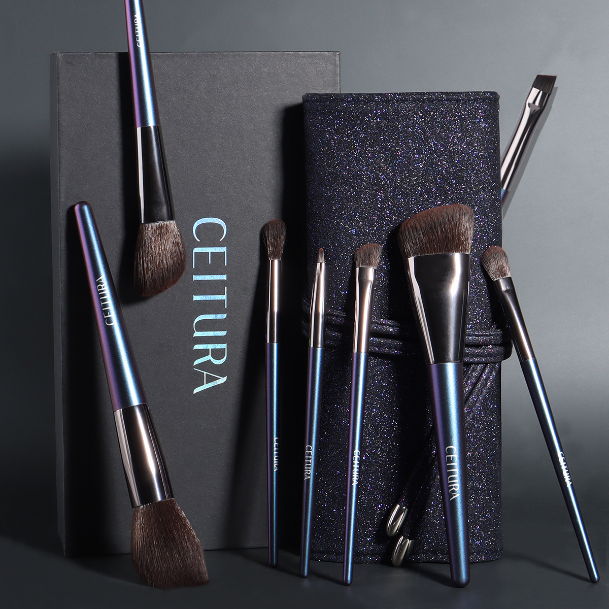 CEITURA light luxury imitation gray squirrel hair eye shadow loose powder brush storage bag gift box full set of 8 makeup brushes set